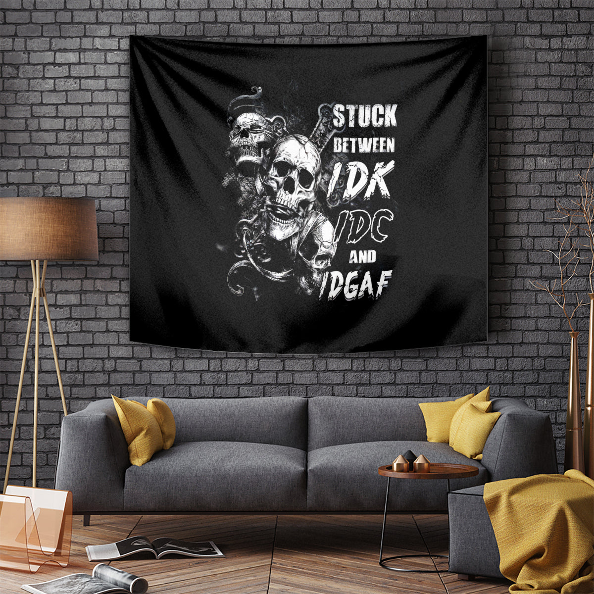 Three Skull Tapestry Stuck Between Idk Idc And Idgaf - Wonder Print Shop