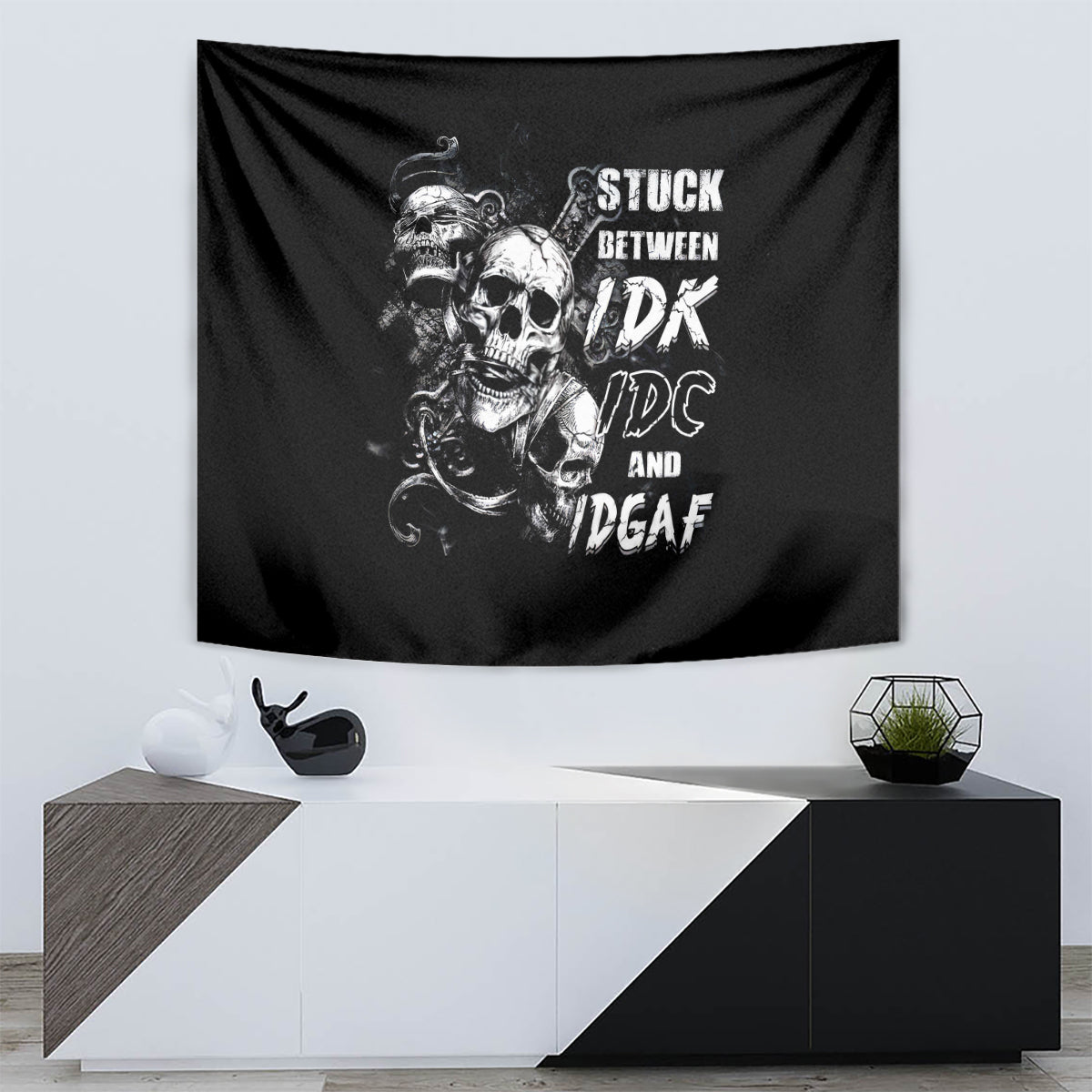 Three Skull Tapestry Stuck Between Idk Idc And Idgaf - Wonder Print Shop
