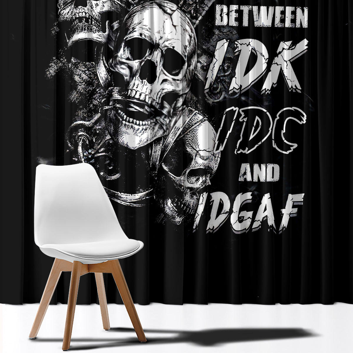 Three Skull Window Curtain Stuck Between Idk Idc And Idgaf - Wonder Print Shop