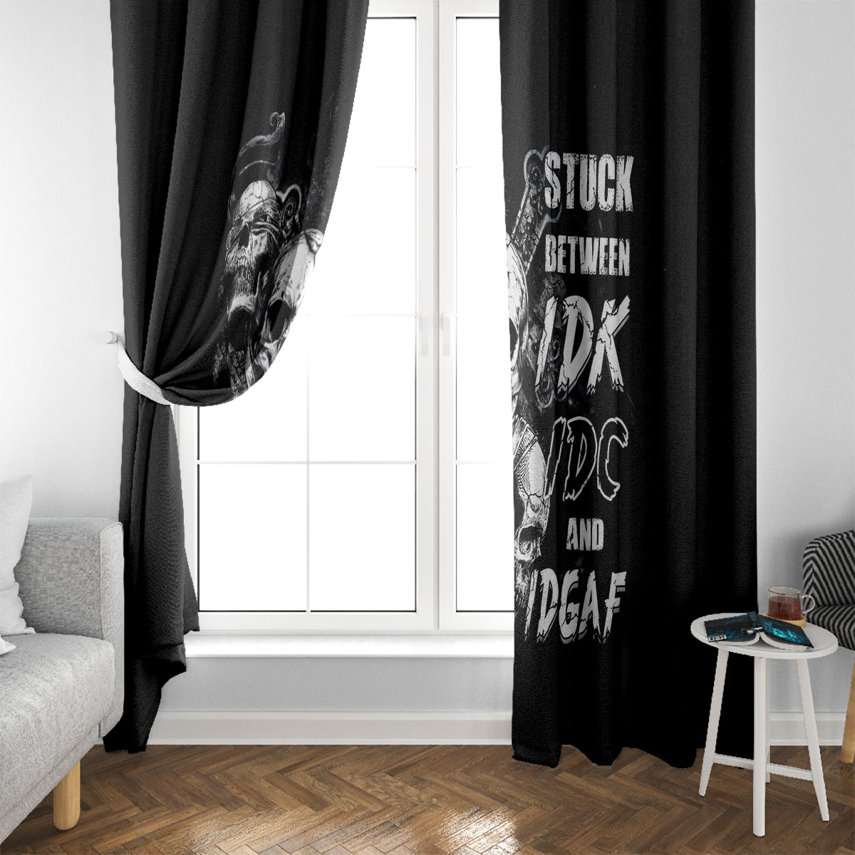 Three Skull Window Curtain Stuck Between Idk Idc And Idgaf - Wonder Print Shop