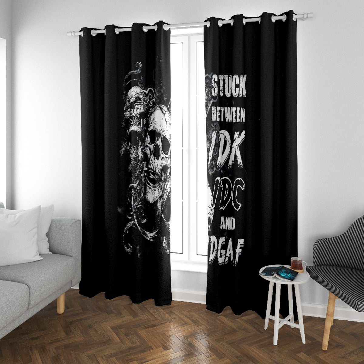 Three Skull Window Curtain Stuck Between Idk Idc And Idgaf - Wonder Print Shop