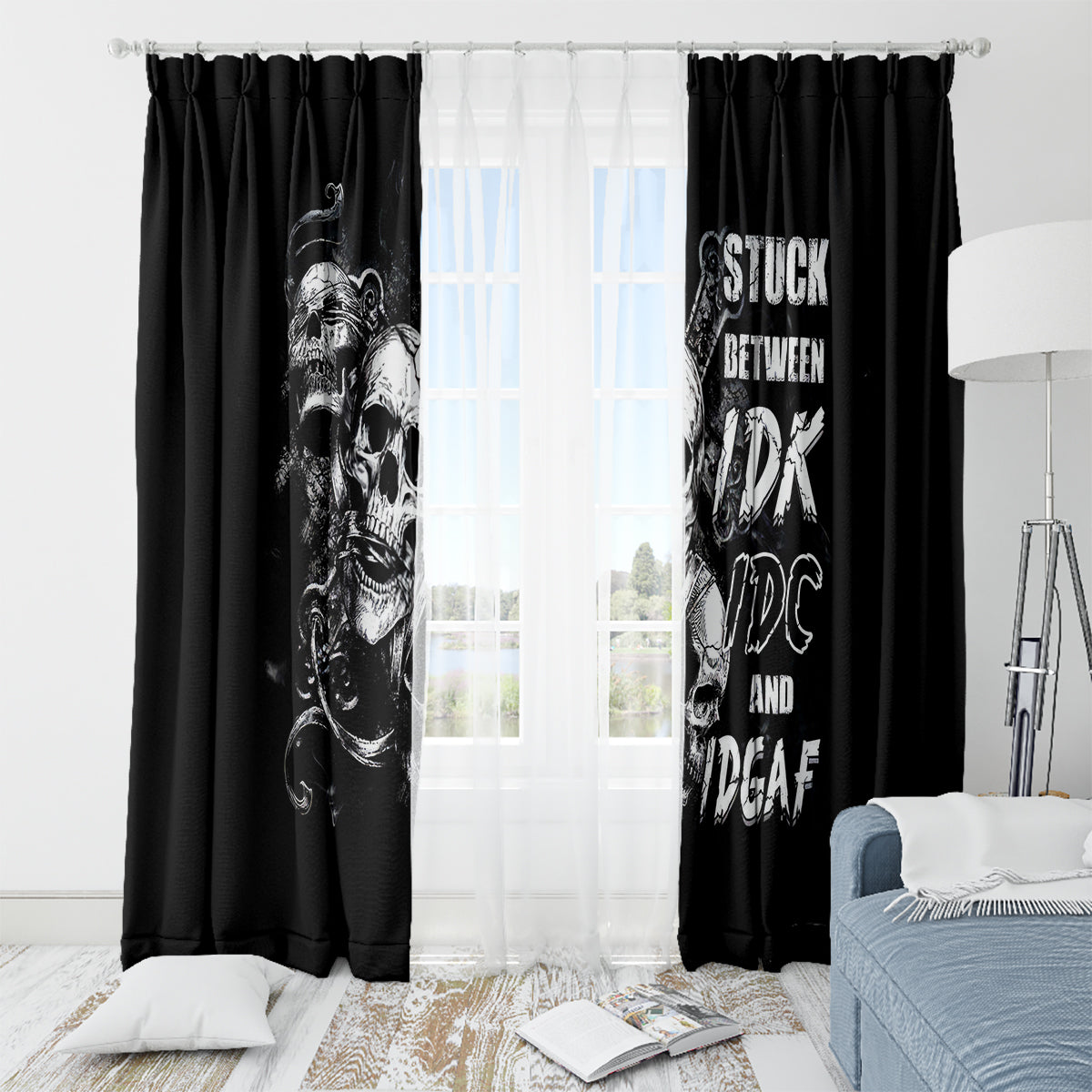 Three Skull Window Curtain Stuck Between Idk Idc And Idgaf - Wonder Print Shop
