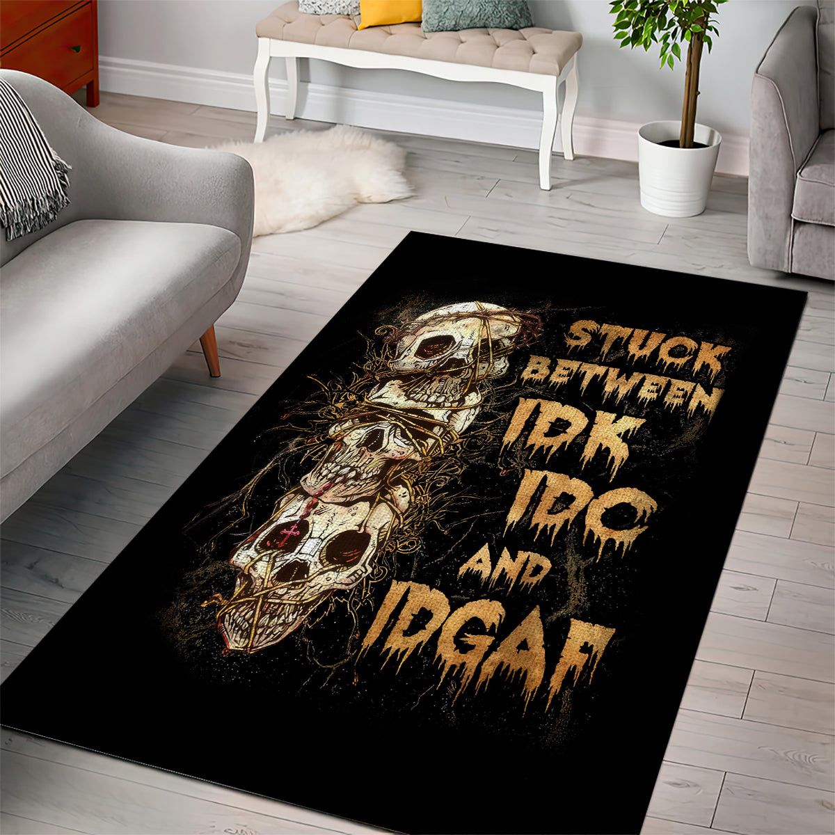 Wire Skull Area Rug Stuck Between Idk Idc And Idgaf - Wonder Print Shop