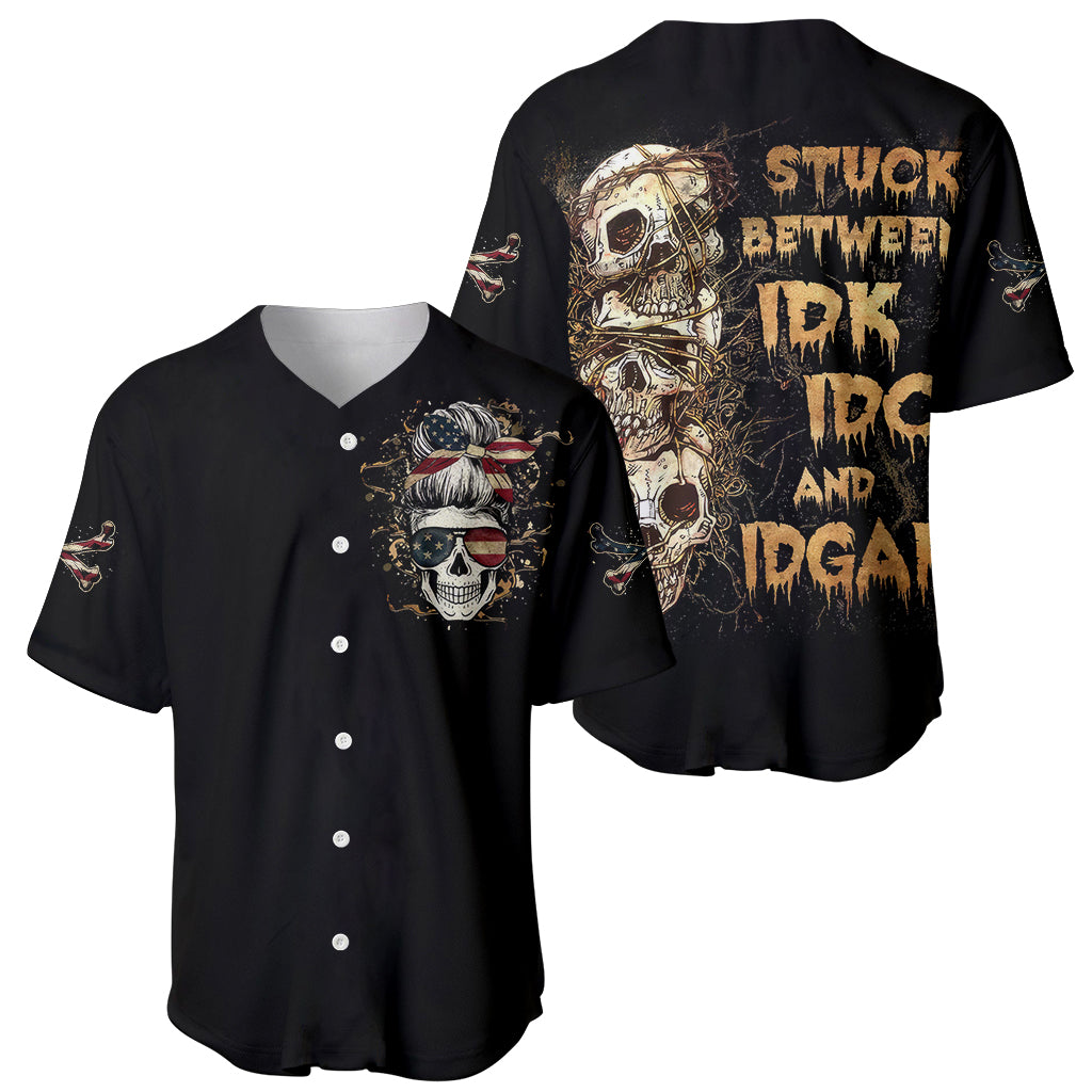 Wire Skull Baseball Jersey Stuck Between Idk Idc And Idgaf - Wonder Print Shop