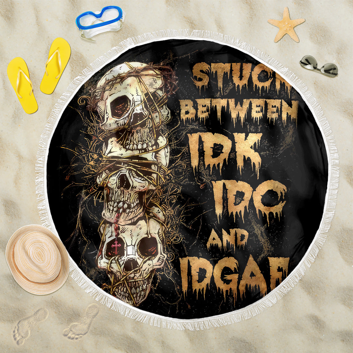 Wire Skull Beach Blanket Stuck Between Idk Idc And Idgaf - Wonder Print Shop