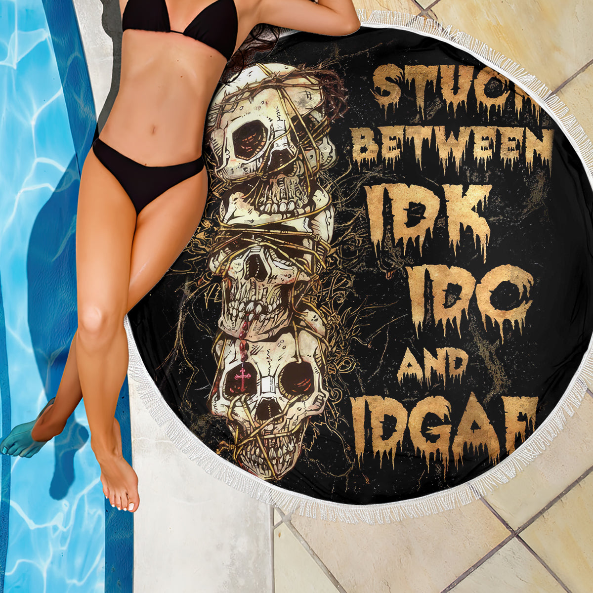 Wire Skull Beach Blanket Stuck Between Idk Idc And Idgaf - Wonder Print Shop