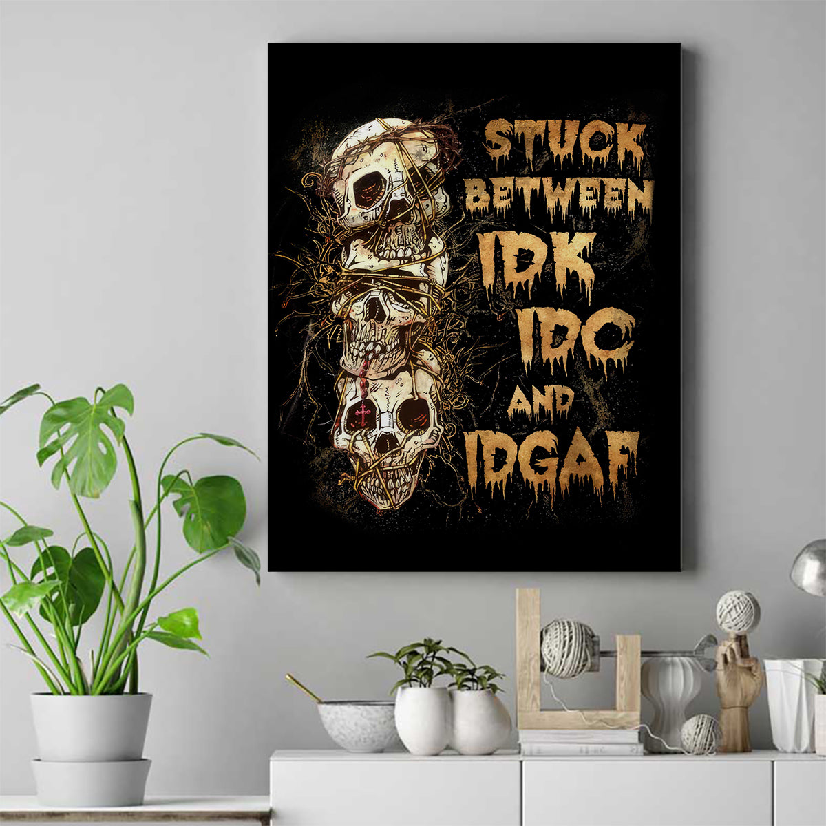Wire Skull Canvas Wall Art Stuck Between Idk Idc And Idgaf - Wonder Print Shop