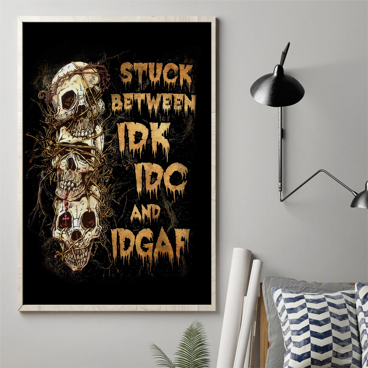 Wire Skull Canvas Wall Art Stuck Between Idk Idc And Idgaf - Wonder Print Shop