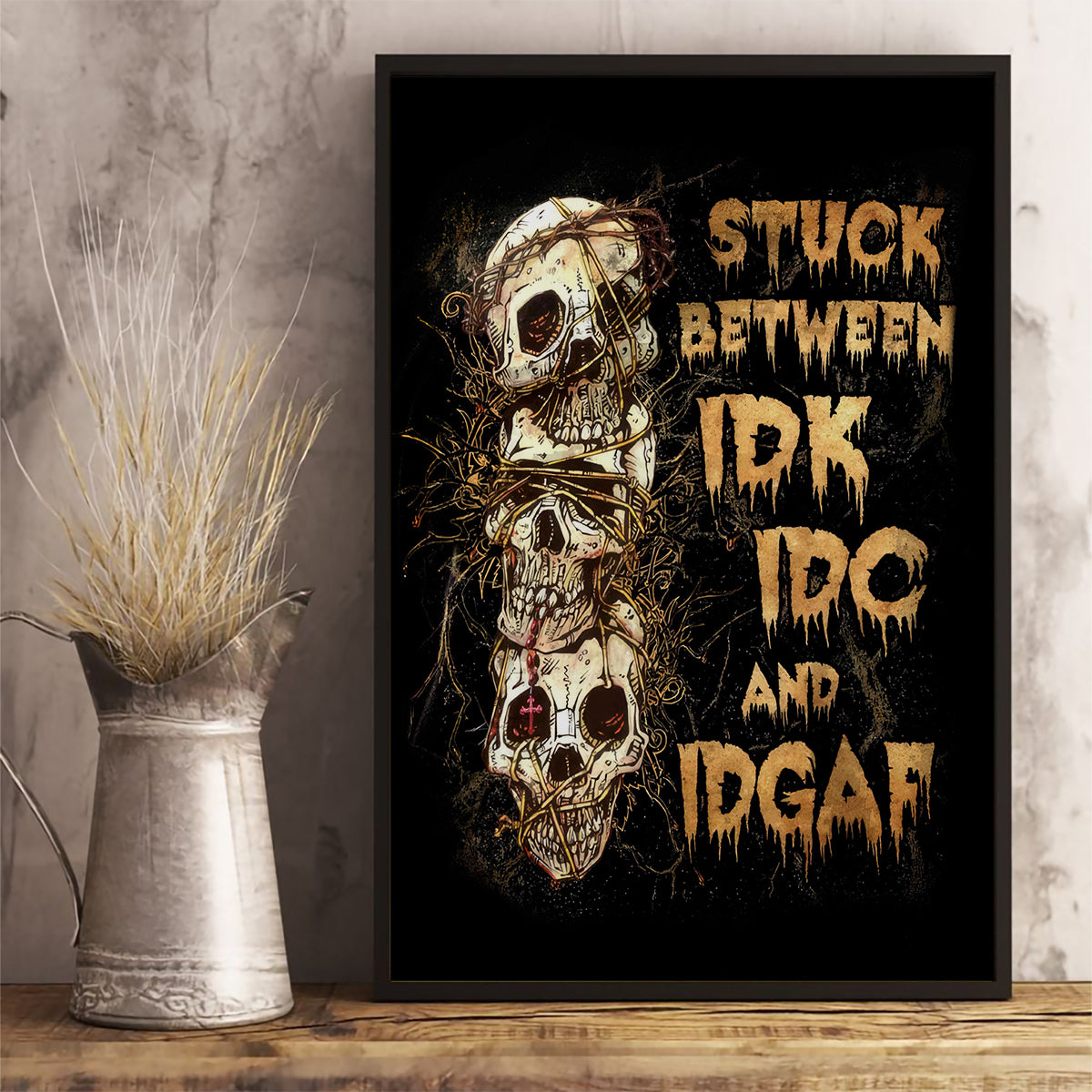Wire Skull Canvas Wall Art Stuck Between Idk Idc And Idgaf - Wonder Print Shop