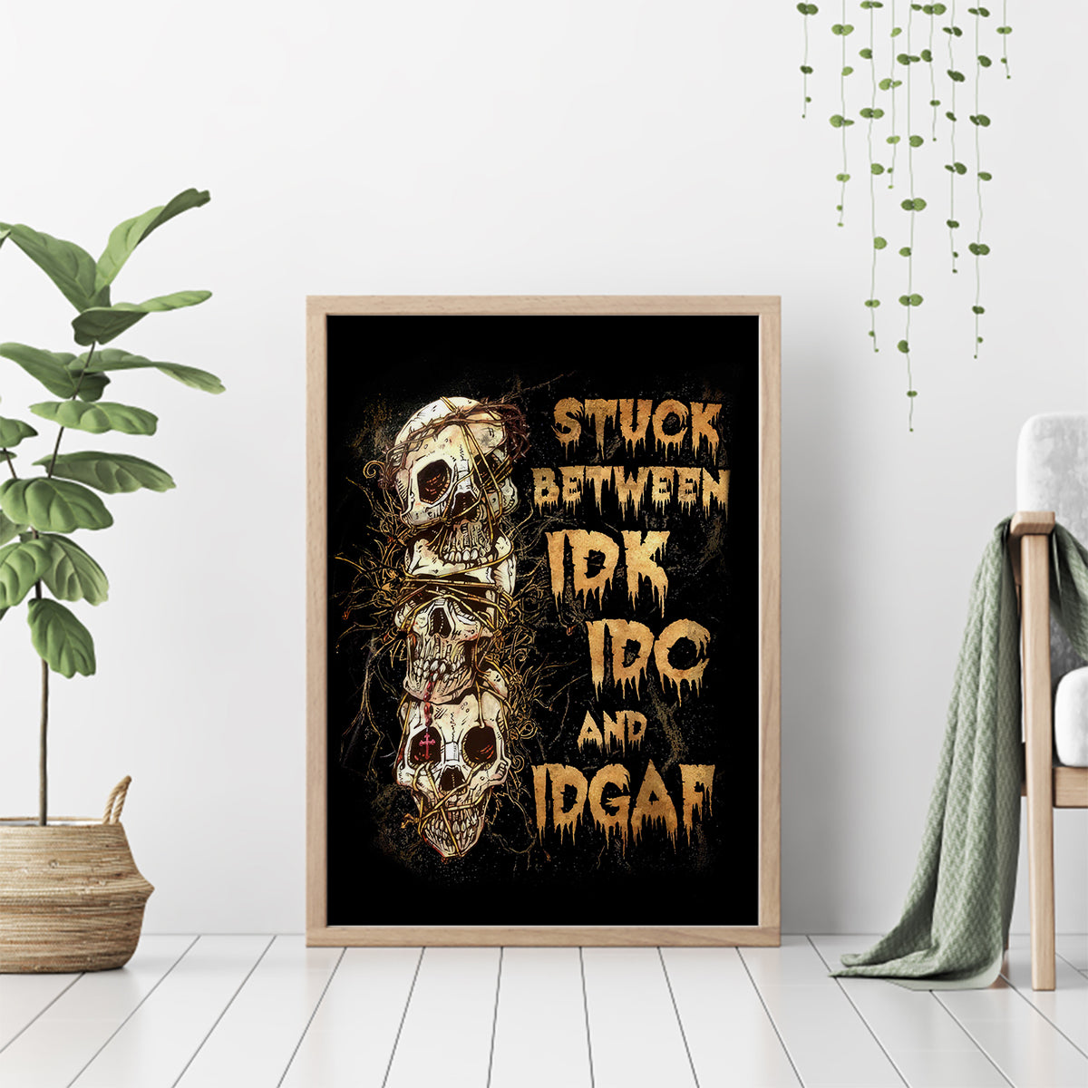 Wire Skull Canvas Wall Art Stuck Between Idk Idc And Idgaf - Wonder Print Shop
