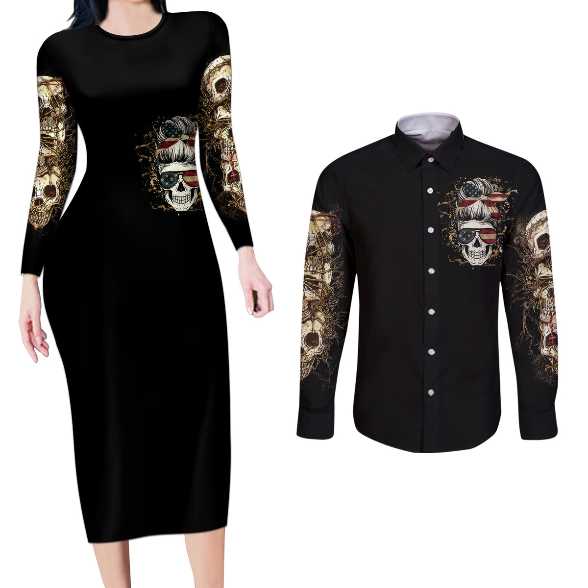 Wire Skull Couples Matching Long Sleeve Bodycon Dress and Long Sleeve Button Shirts Stuck Between Idk Idc And Idgaf - Wonder Print Shop