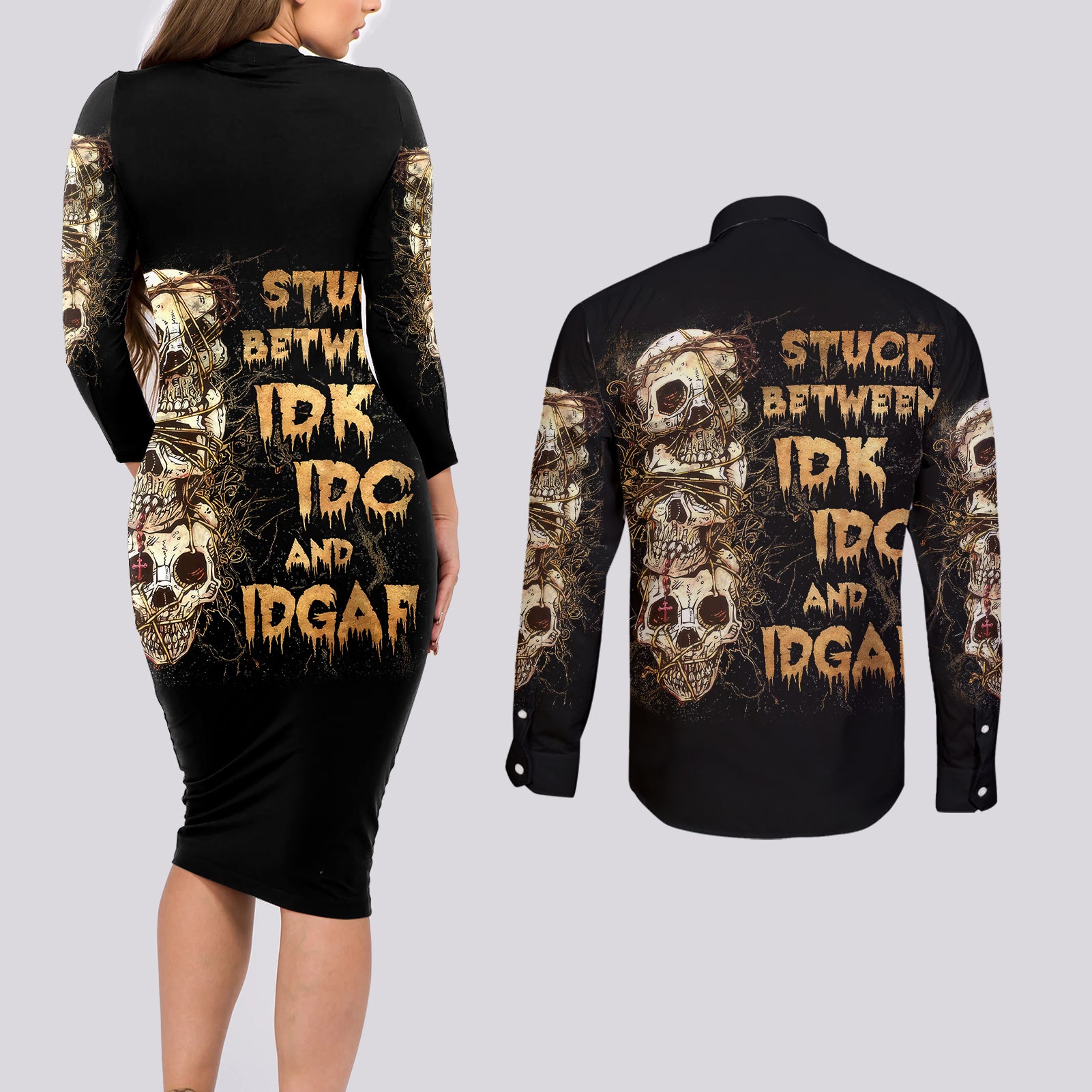 Wire Skull Couples Matching Long Sleeve Bodycon Dress and Long Sleeve Button Shirts Stuck Between Idk Idc And Idgaf - Wonder Print Shop