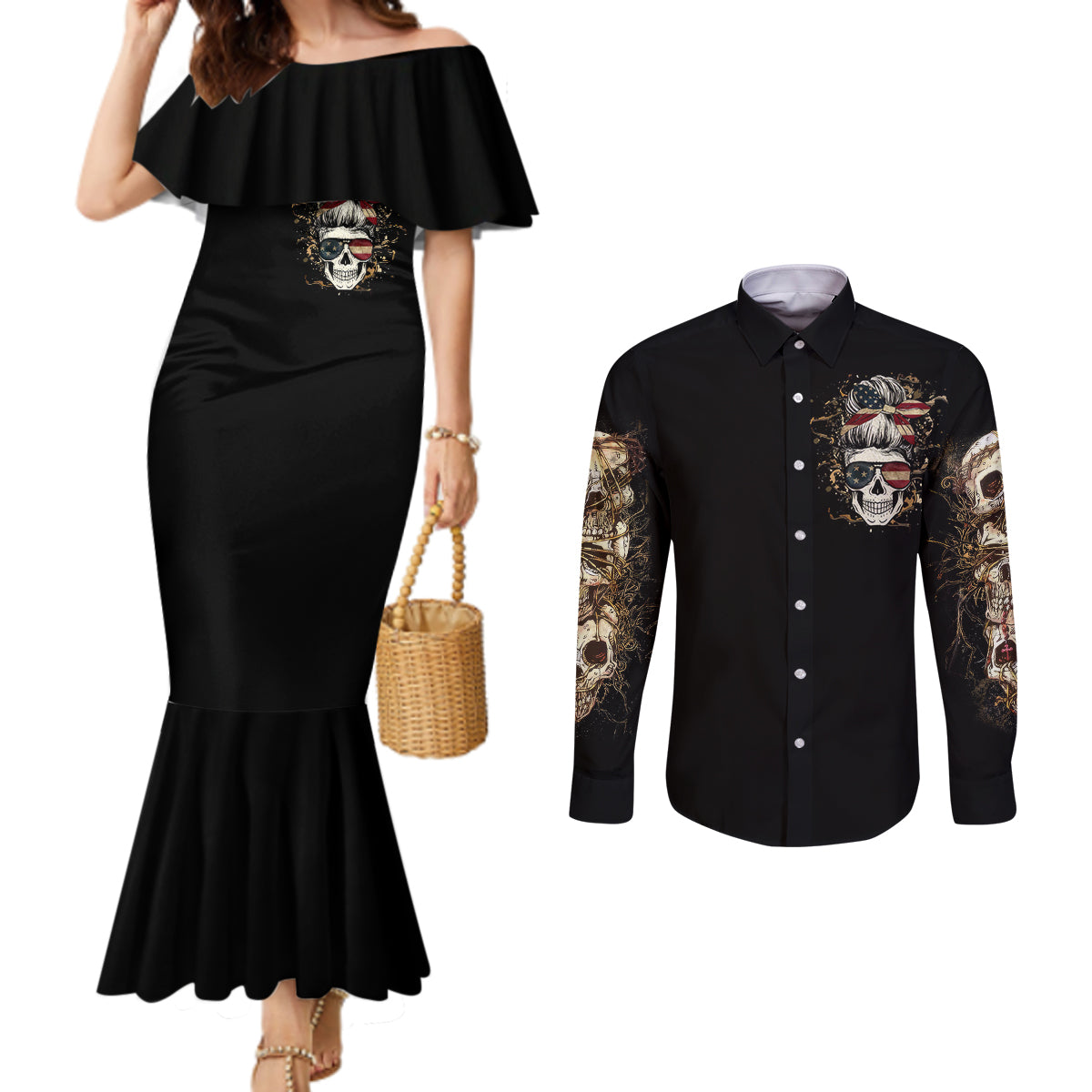 wire-skull-couples-matching-mermaid-dress-and-long-sleeve-button-shirts-stuck-between-idk-idc-and-idgaf