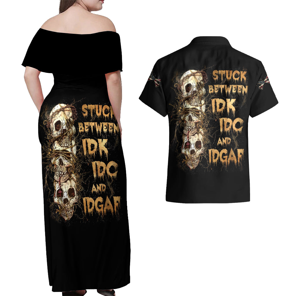 Wire Skull Couples Matching Off Shoulder Maxi Dress and Hawaiian Shirt Stuck Between Idk Idc And Idgaf - Wonder Print Shop