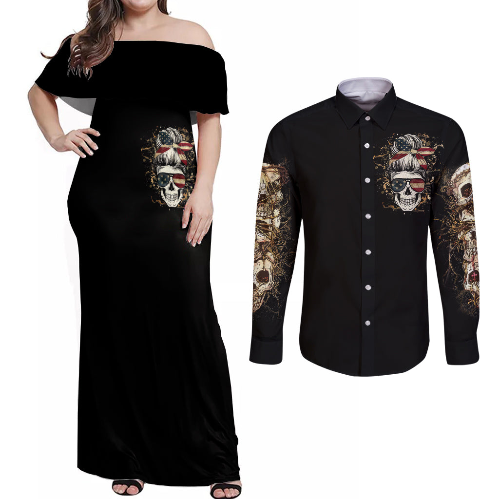 Wire Skull Couples Matching Off Shoulder Maxi Dress and Long Sleeve Button Shirts Stuck Between Idk Idc And Idgaf - Wonder Print Shop
