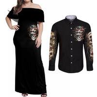 Wire Skull Couples Matching Off Shoulder Maxi Dress and Long Sleeve Button Shirts Stuck Between Idk Idc And Idgaf - Wonder Print Shop