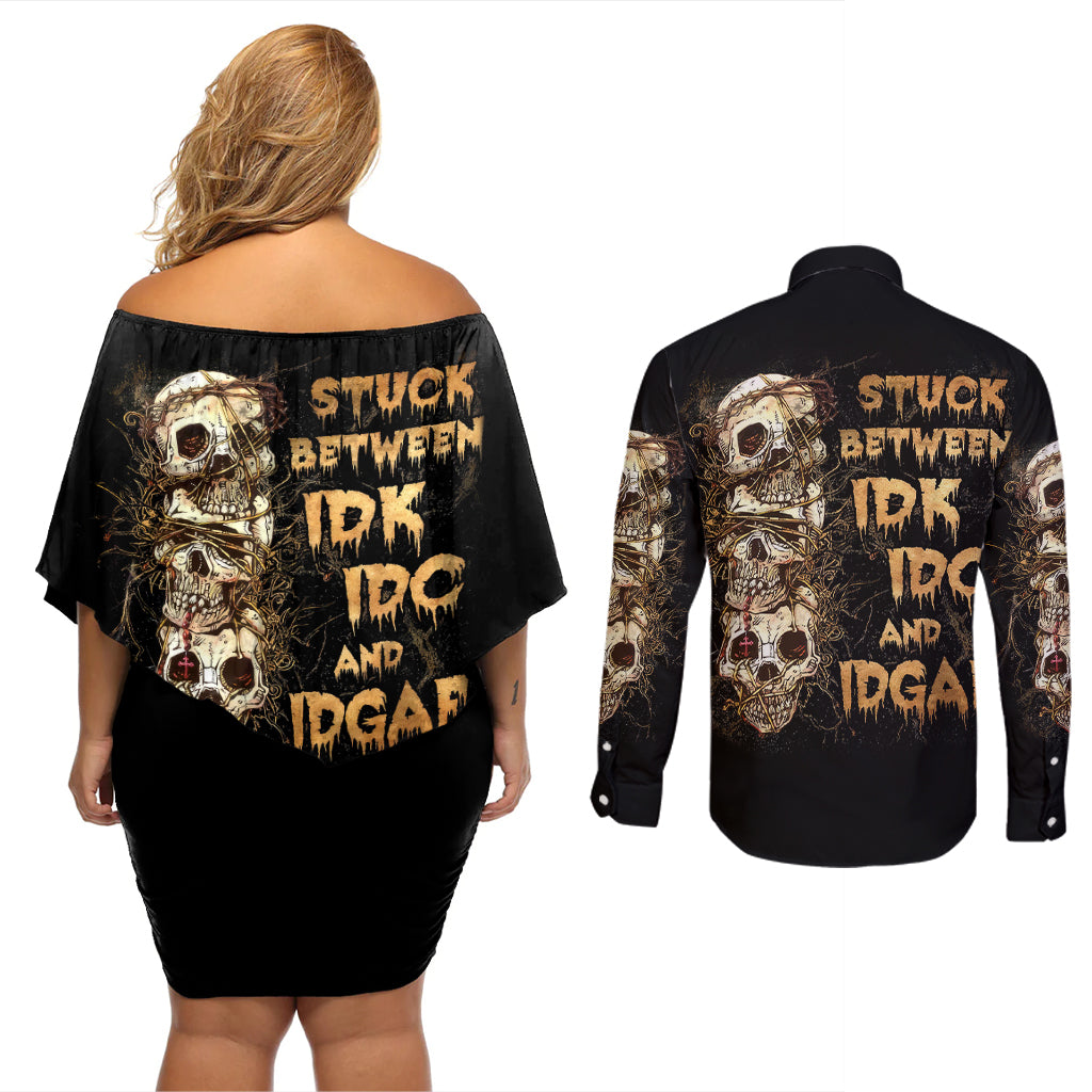 Wire Skull Couples Matching Off Shoulder Short Dress and Long Sleeve Button Shirts Stuck Between Idk Idc And Idgaf - Wonder Print Shop