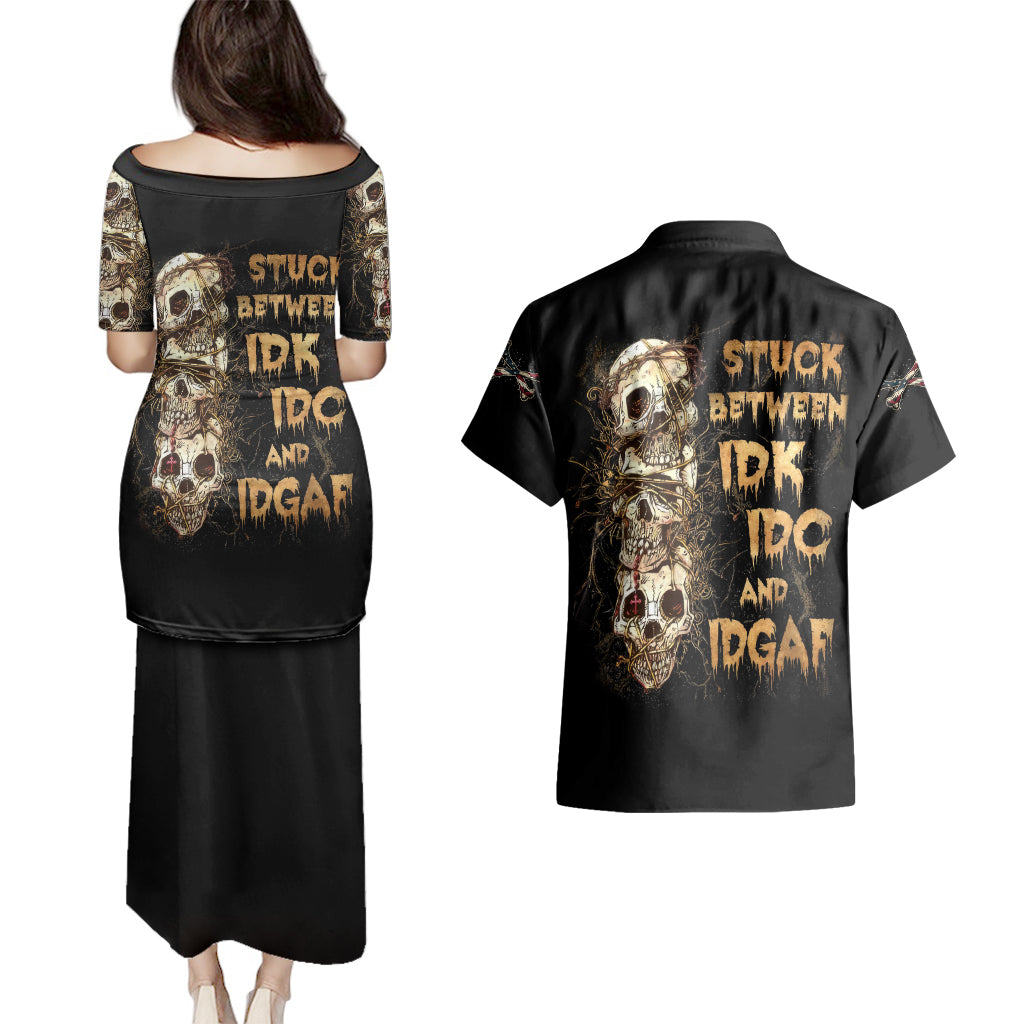 Wire Skull Couples Matching Puletasi Dress and Hawaiian Shirt Stuck Between Idk Idc And Idgaf - Wonder Print Shop