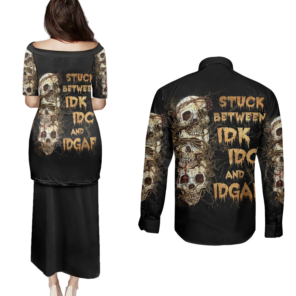 Wire Skull Couples Matching Puletasi Dress and Long Sleeve Button Shirts Stuck Between Idk Idc And Idgaf - Wonder Print Shop