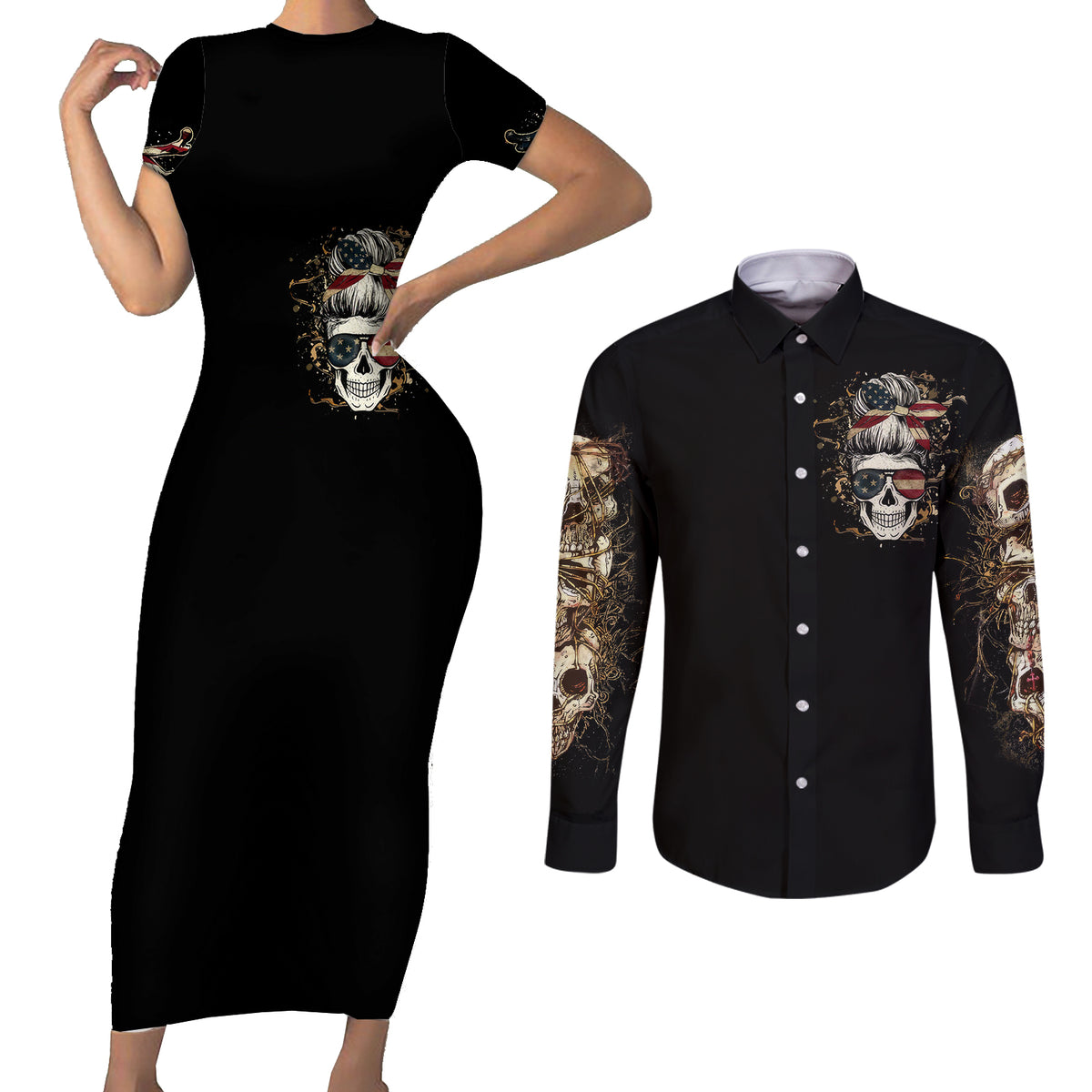 Wire Skull Couples Matching Short Sleeve Bodycon Dress and Long Sleeve Button Shirts Stuck Between Idk Idc And Idgaf - Wonder Print Shop