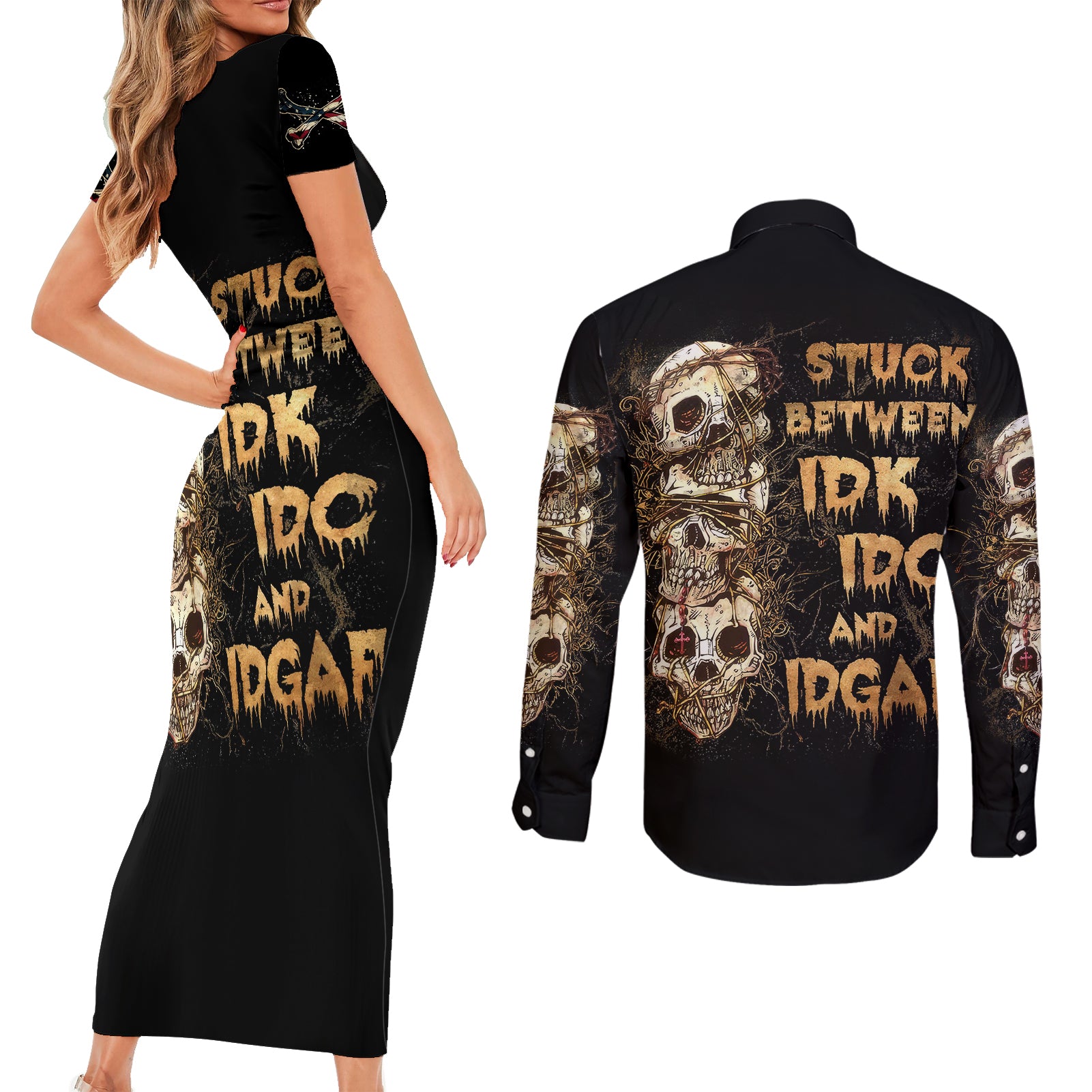 Wire Skull Couples Matching Short Sleeve Bodycon Dress and Long Sleeve Button Shirts Stuck Between Idk Idc And Idgaf - Wonder Print Shop