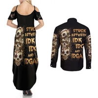Wire Skull Couples Matching Summer Maxi Dress and Long Sleeve Button Shirts Stuck Between Idk Idc And Idgaf - Wonder Print Shop