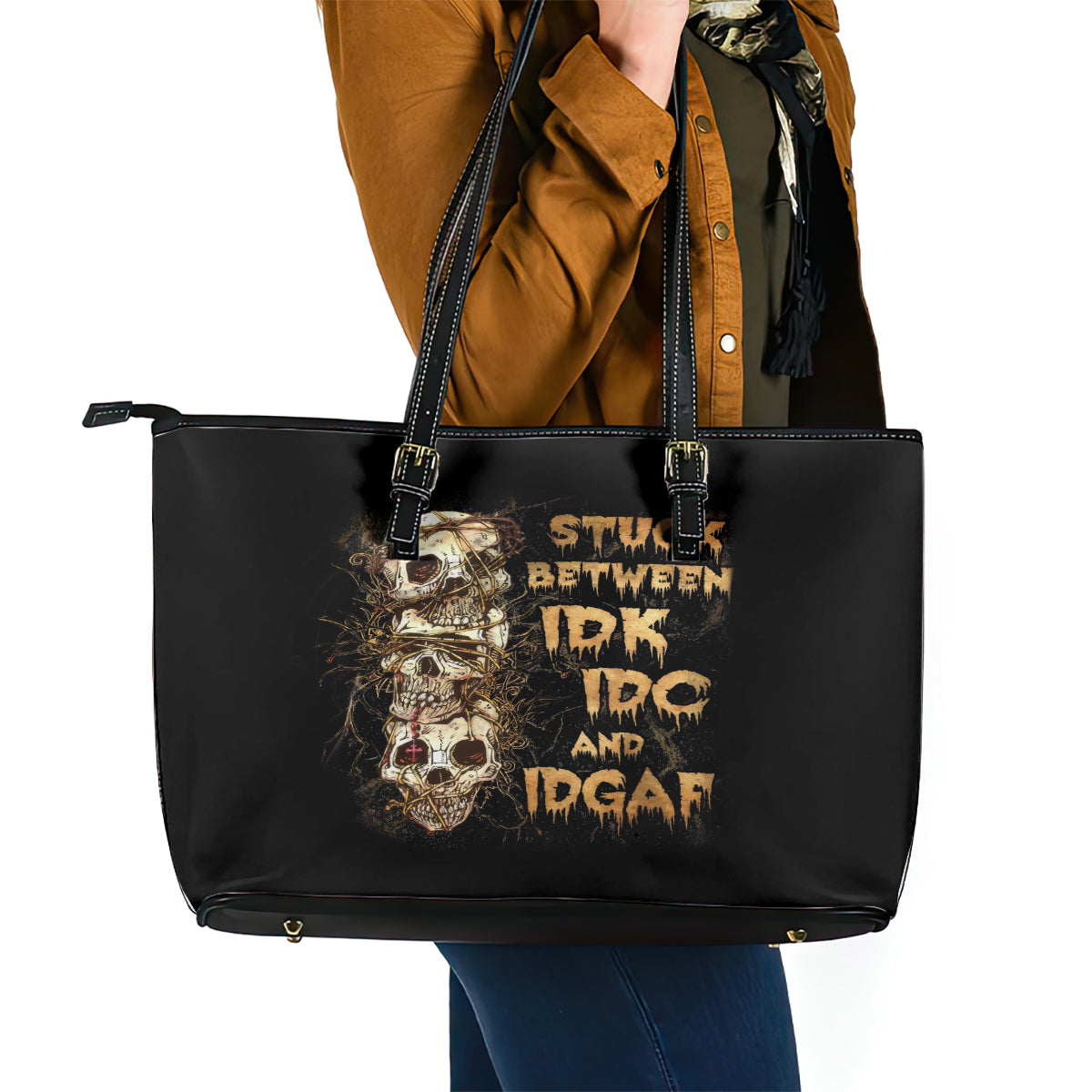 Wire Skull Leather Tote Bag Stuck Between Idk Idc And Idgaf - Wonder Print Shop