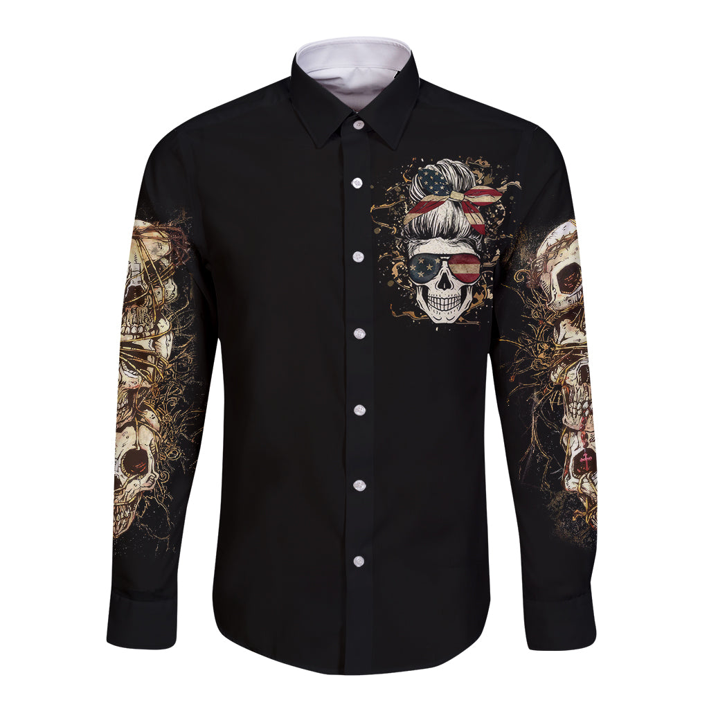 Wire Skull Long Sleeve Button Shirt Stuck Between Idk Idc And Idgaf - Wonder Print Shop