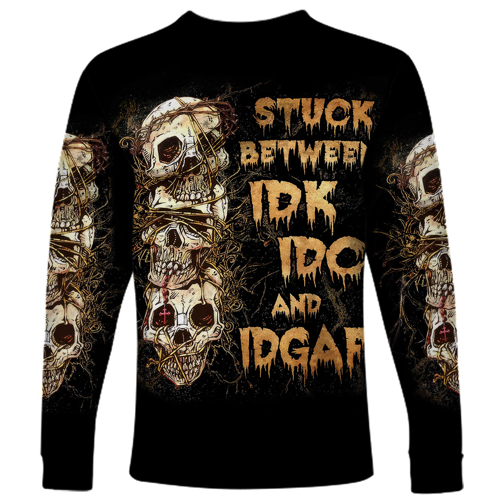 Wire Skull Long Sleeve Shirt Stuck Between Idk Idc And Idgaf - Wonder Print Shop