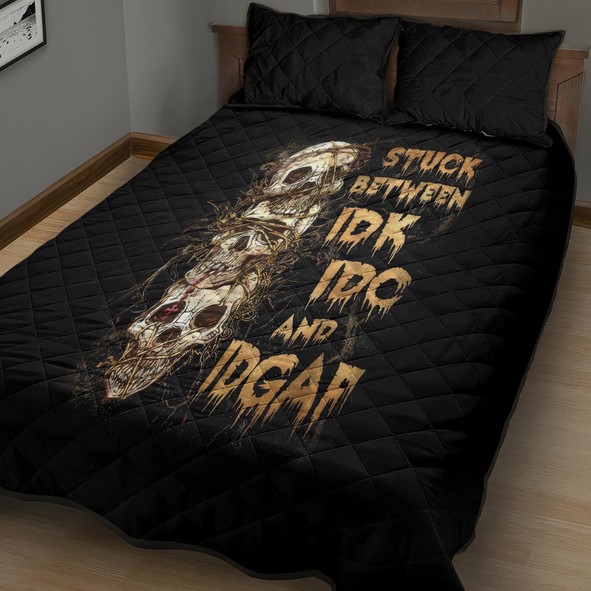 Wire Skull Quilt Bed Set Stuck Between Idk Idc And Idgaf - Wonder Print Shop