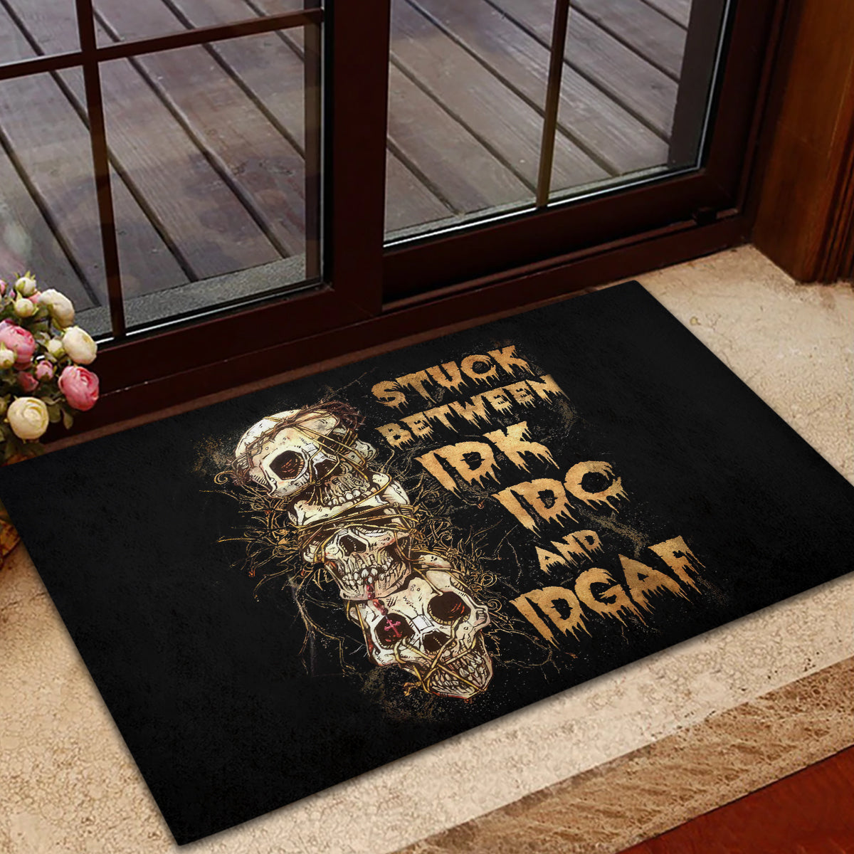 Wire Skull Rubber Doormat Stuck Between Idk Idc And Idgaf - Wonder Print Shop