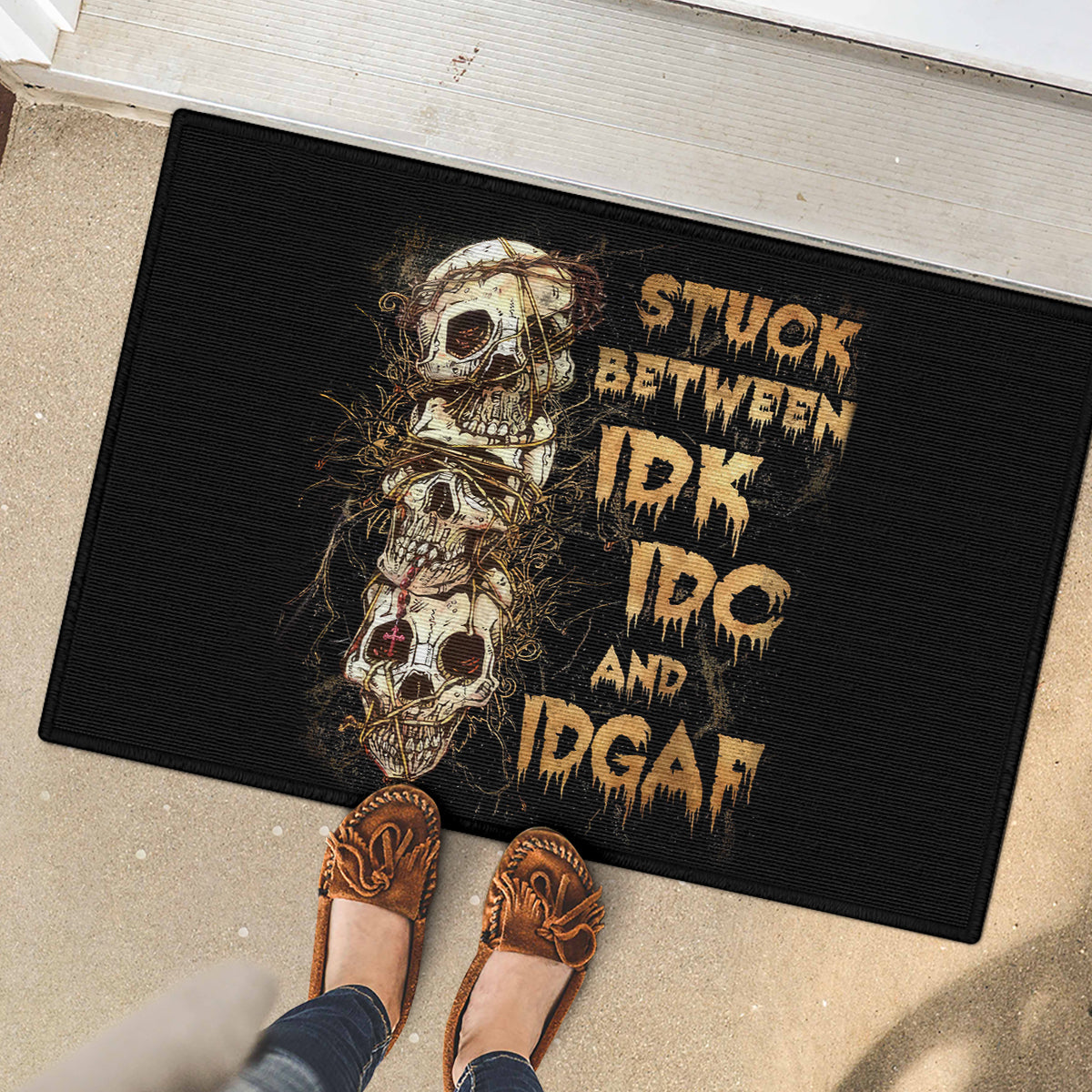 Wire Skull Rubber Doormat Stuck Between Idk Idc And Idgaf - Wonder Print Shop