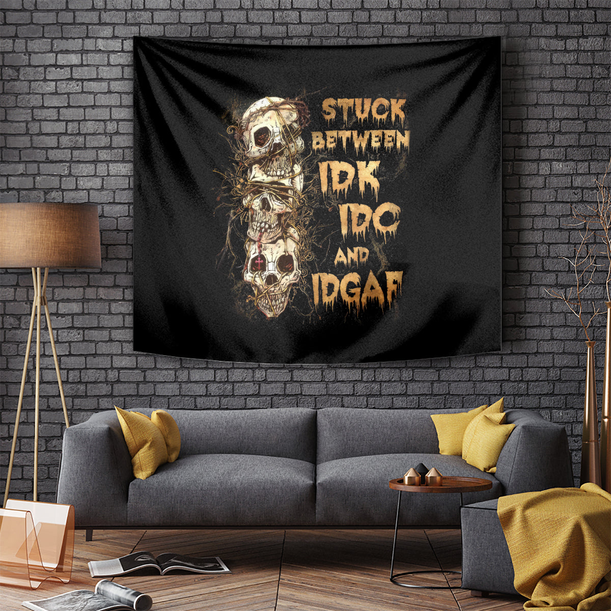 Wire Skull Tapestry Stuck Between Idk Idc And Idgaf - Wonder Print Shop