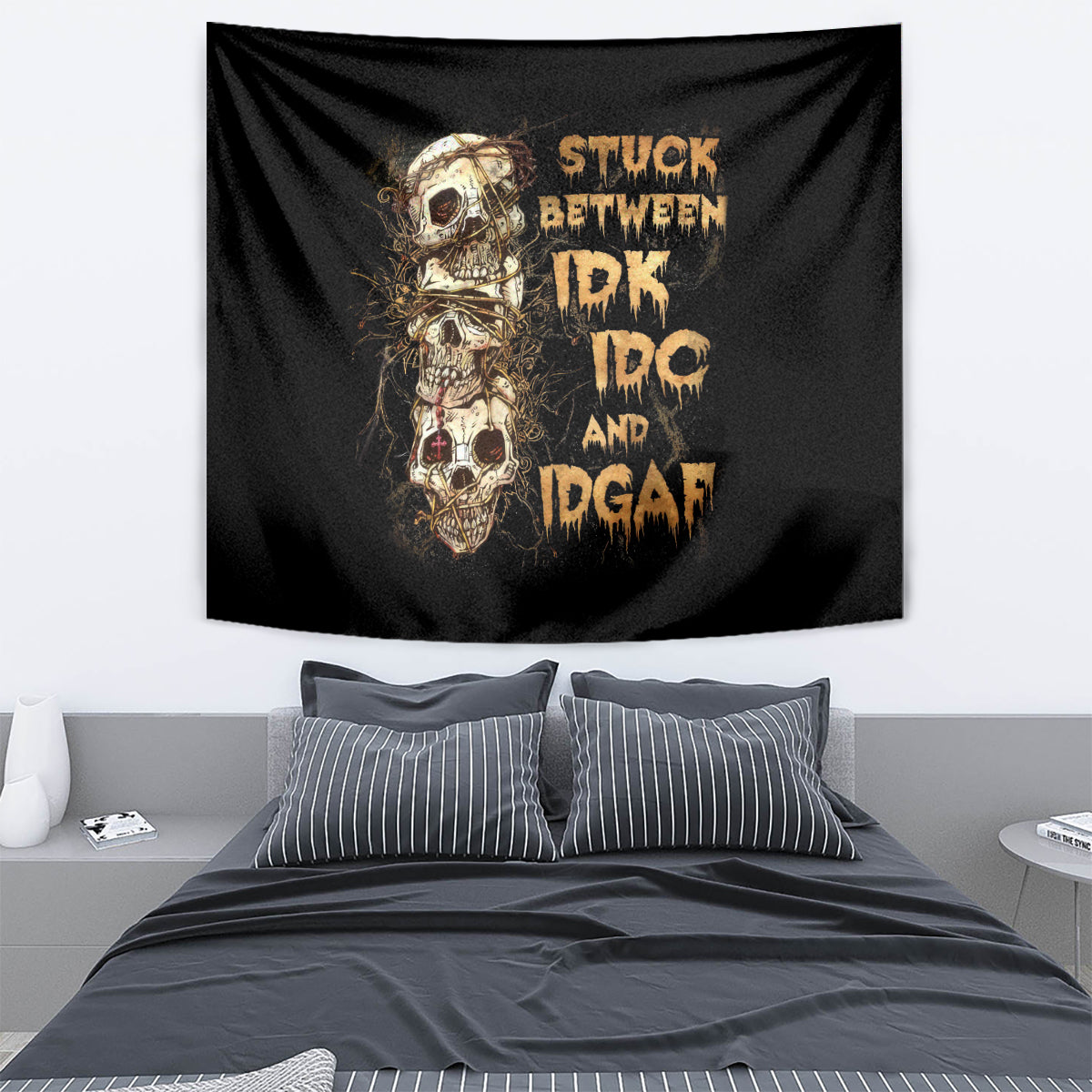 Wire Skull Tapestry Stuck Between Idk Idc And Idgaf - Wonder Print Shop