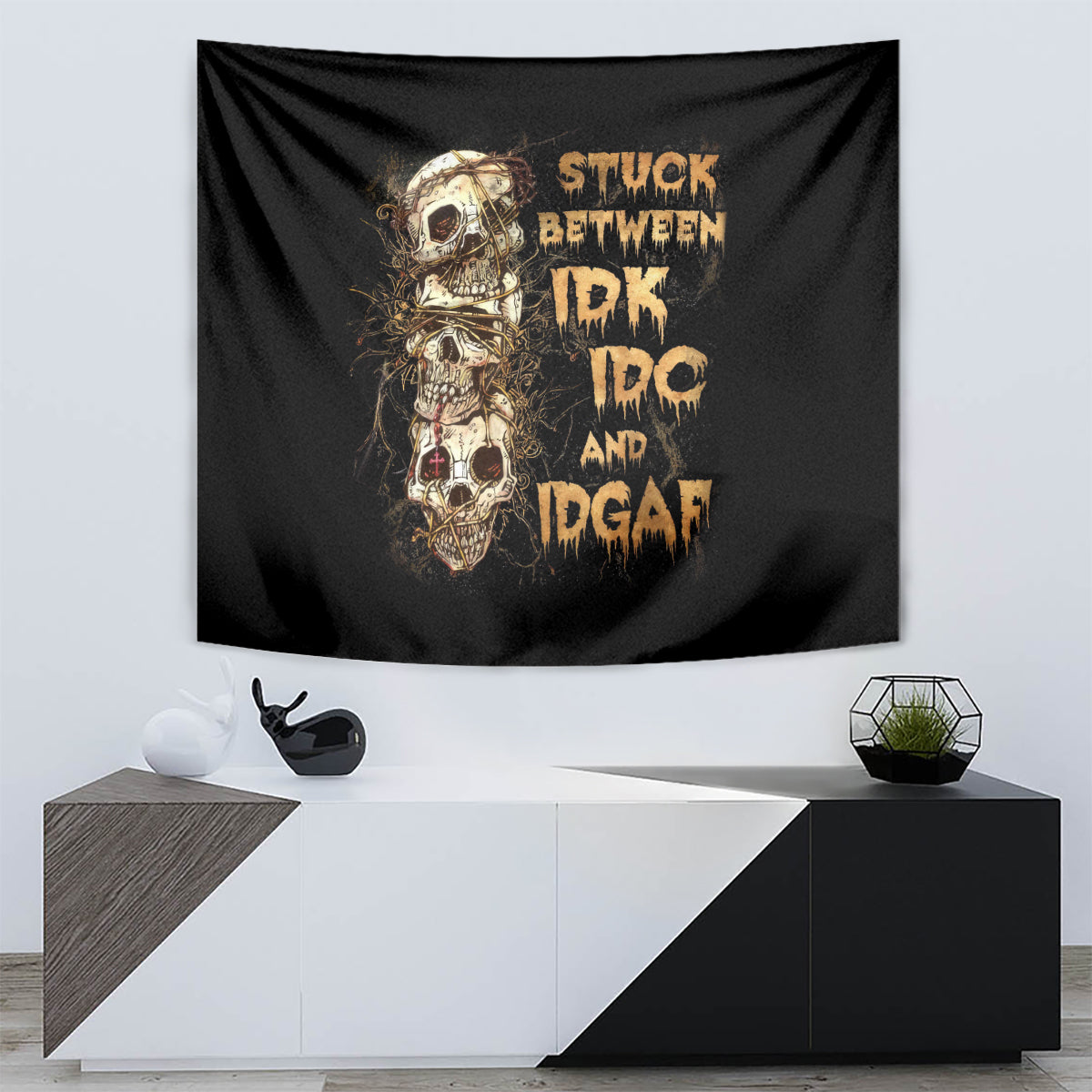 Wire Skull Tapestry Stuck Between Idk Idc And Idgaf - Wonder Print Shop