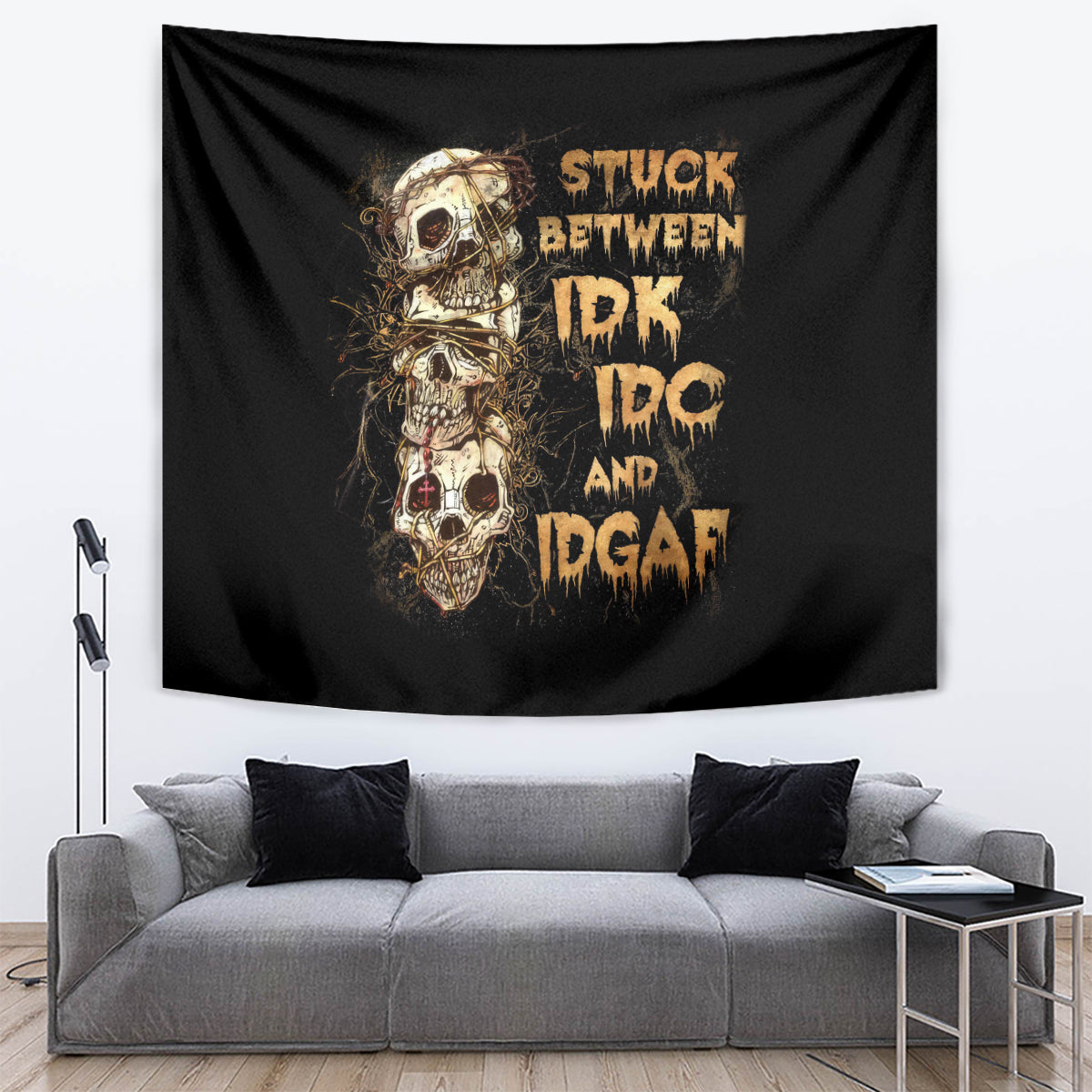 Wire Skull Tapestry Stuck Between Idk Idc And Idgaf - Wonder Print Shop