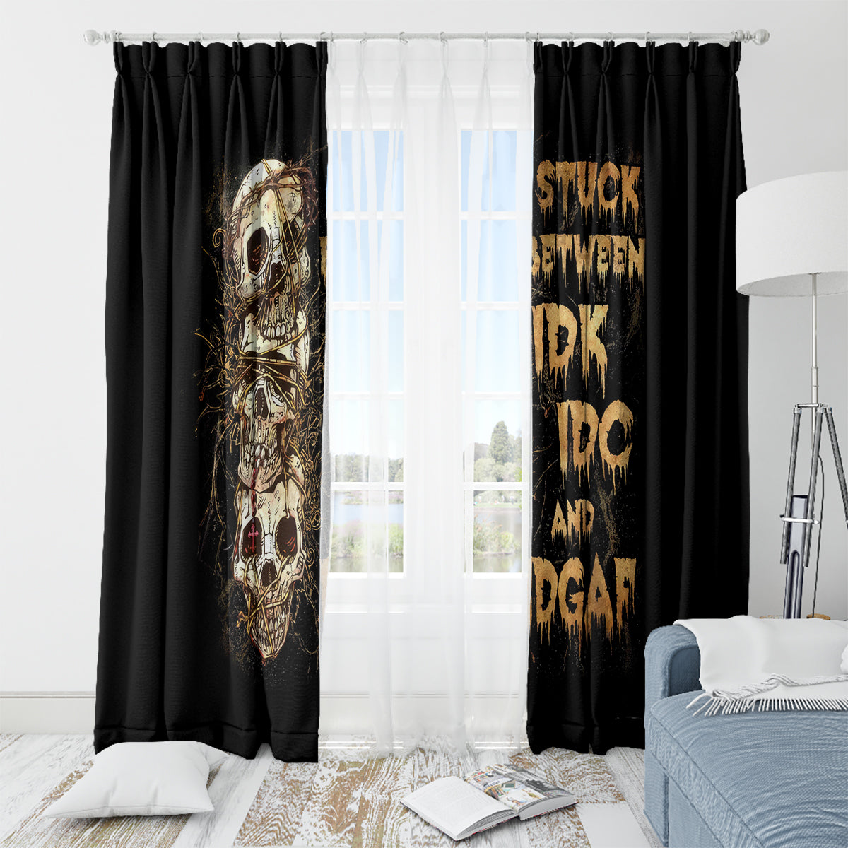 Wire Skull Window Curtain Stuck Between Idk Idc And Idgaf - Wonder Print Shop