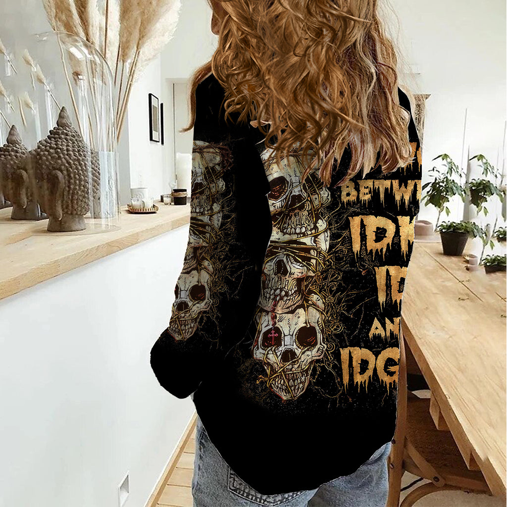 Wire Skull Women Casual Shirt Stuck Between Idk Idc And Idgaf - Wonder Print Shop