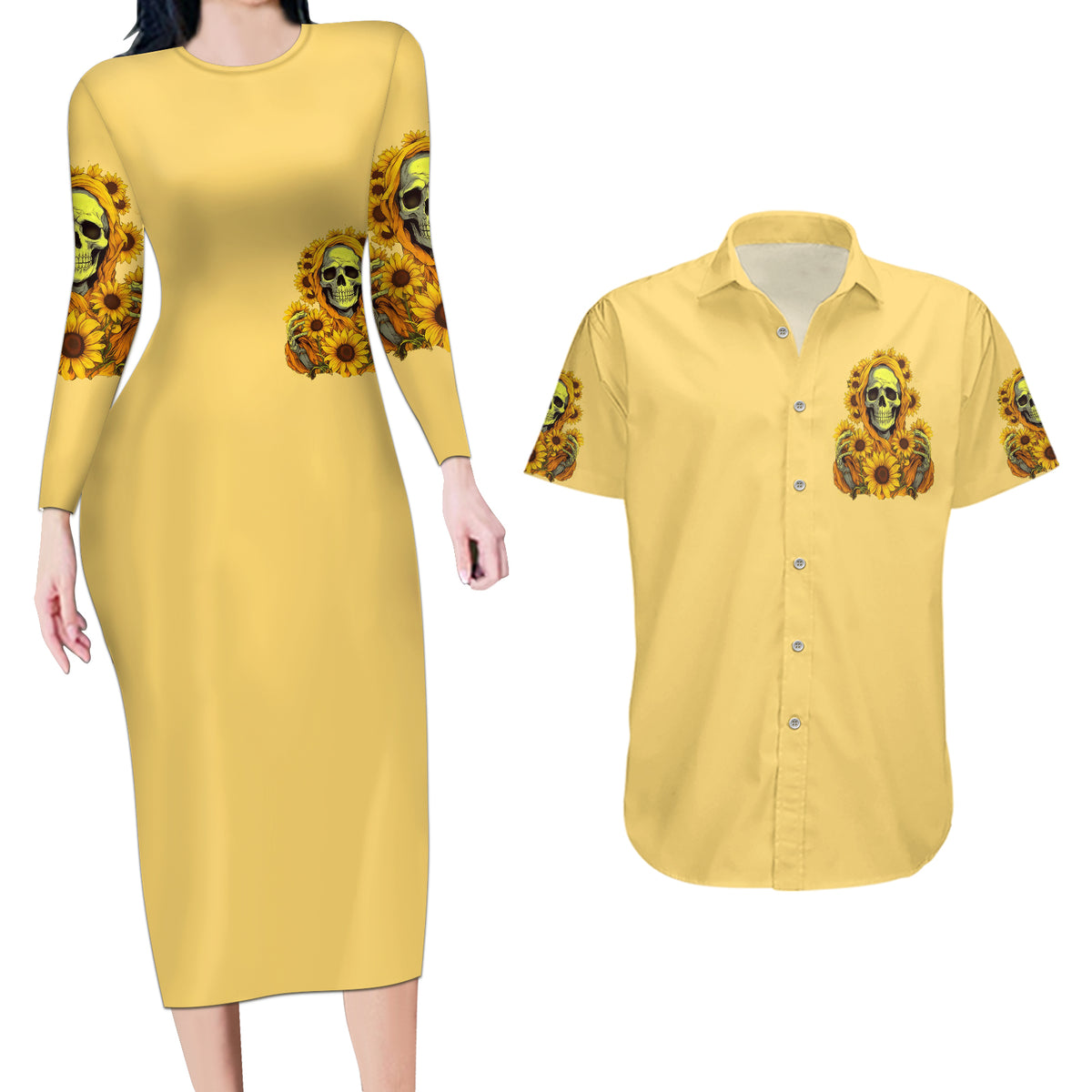 Sunflower Skull Couples Matching Long Sleeve Bodycon Dress and Hawaiian Shirt I'm Blunt Because God Rolled Me That Way - Wonder Print Shop