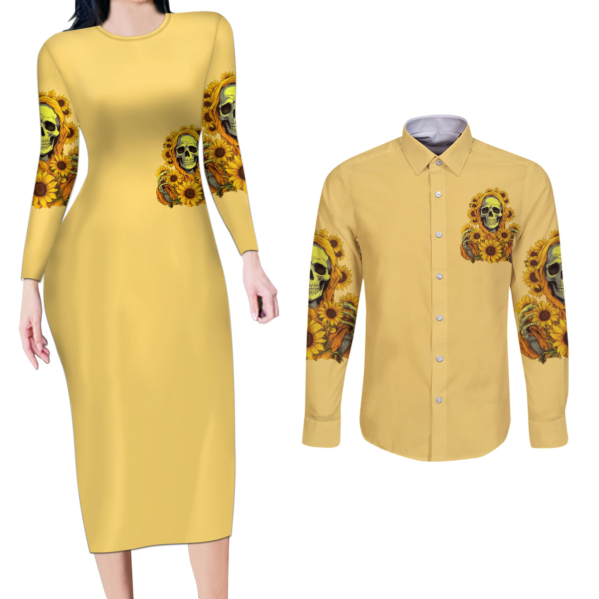 Sunflower Skull Couples Matching Long Sleeve Bodycon Dress and Long Sleeve Button Shirts I'm Blunt Because God Rolled Me That Way - Wonder Print Shop