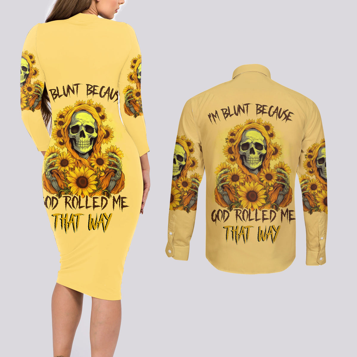 Sunflower Skull Couples Matching Long Sleeve Bodycon Dress and Long Sleeve Button Shirts I'm Blunt Because God Rolled Me That Way - Wonder Print Shop