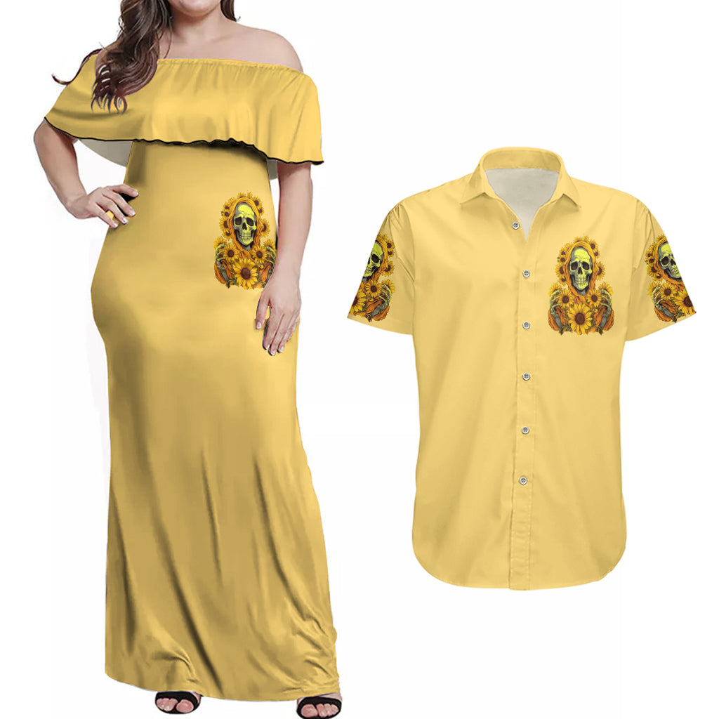 Sunflower Skull Couples Matching Off Shoulder Maxi Dress and Hawaiian Shirt I'm Blunt Because God Rolled Me That Way - Wonder Print Shop