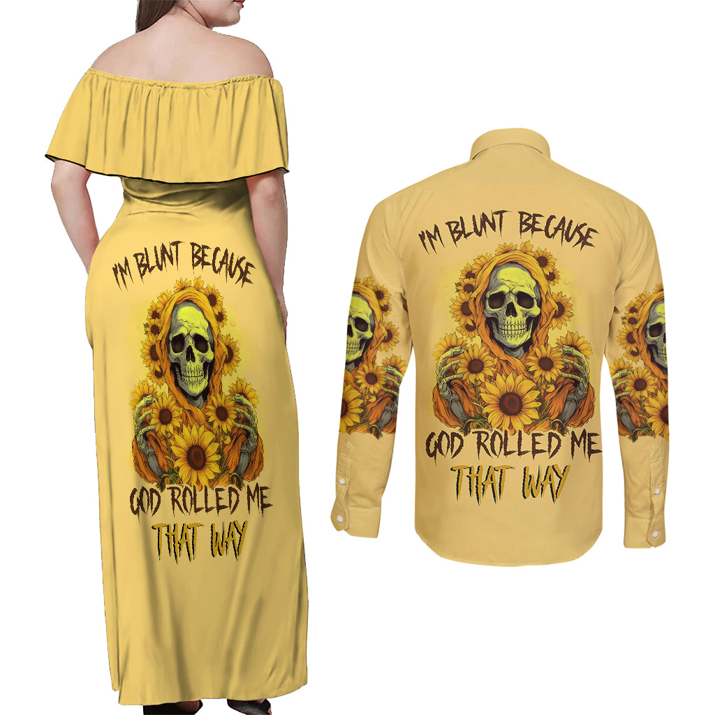 Sunflower Skull Couples Matching Off Shoulder Maxi Dress and Long Sleeve Button Shirts I'm Blunt Because God Rolled Me That Way - Wonder Print Shop