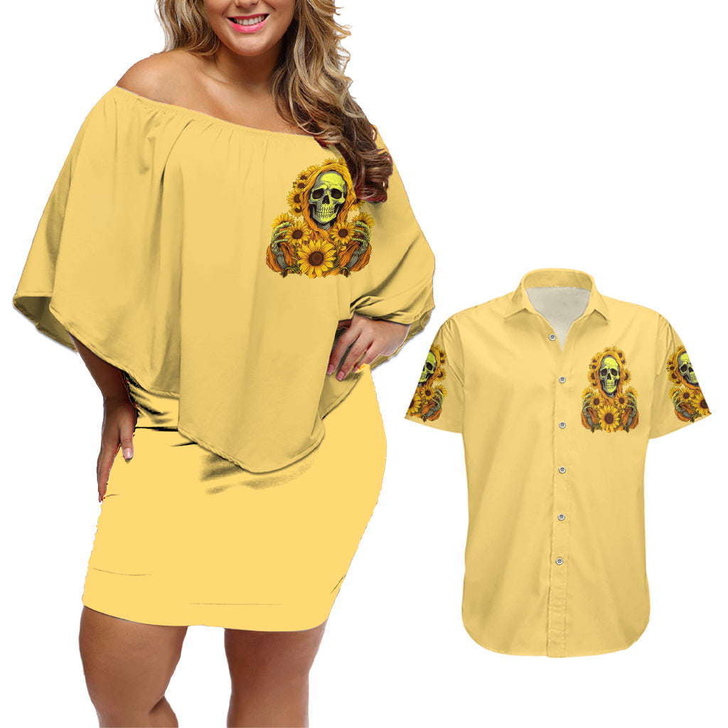 Sunflower Skull Couples Matching Off Shoulder Short Dress and Hawaiian Shirt I'm Blunt Because God Rolled Me That Way - Wonder Print Shop