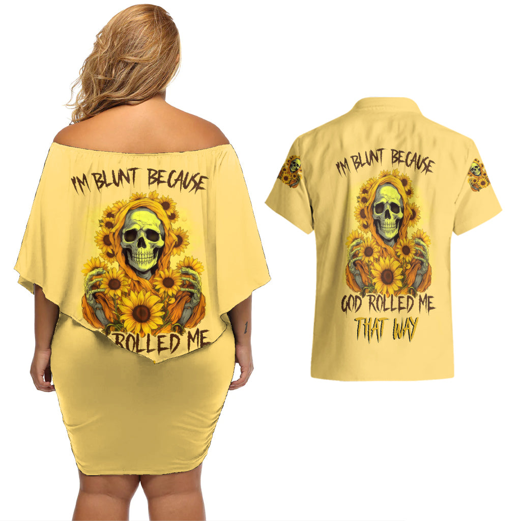 Sunflower Skull Couples Matching Off Shoulder Short Dress and Hawaiian Shirt I'm Blunt Because God Rolled Me That Way - Wonder Print Shop