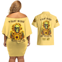 Sunflower Skull Couples Matching Off Shoulder Short Dress and Hawaiian Shirt I'm Blunt Because God Rolled Me That Way - Wonder Print Shop