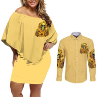 Sunflower Skull Couples Matching Off Shoulder Short Dress and Long Sleeve Button Shirts I'm Blunt Because God Rolled Me That Way - Wonder Print Shop