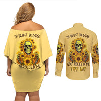 Sunflower Skull Couples Matching Off Shoulder Short Dress and Long Sleeve Button Shirts I'm Blunt Because God Rolled Me That Way - Wonder Print Shop