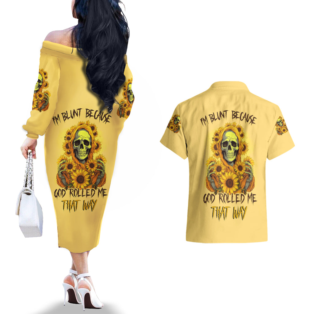 Sunflower Skull Couples Matching Off The Shoulder Long Sleeve Dress and Hawaiian Shirt I'm Blunt Because God Rolled Me That Way - Wonder Print Shop