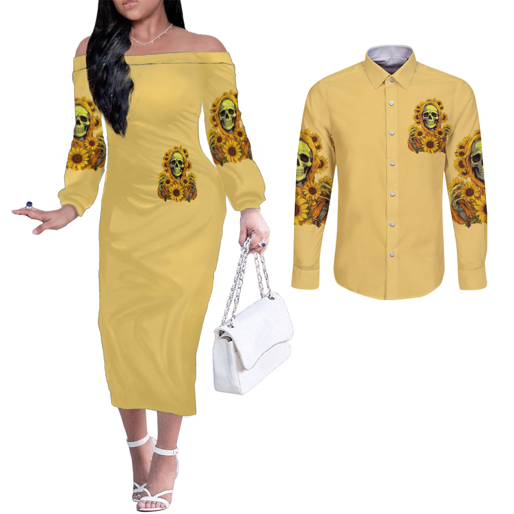 sunflower-skull-couples-matching-off-the-shoulder-long-sleeve-dress-and-long-sleeve-button-shirts-im-blunt-because-god-rolled-me-that-way